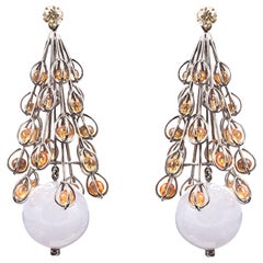 18 Karat White Gold Lantern Earrings with Jade Beads, Yellow Diamonds