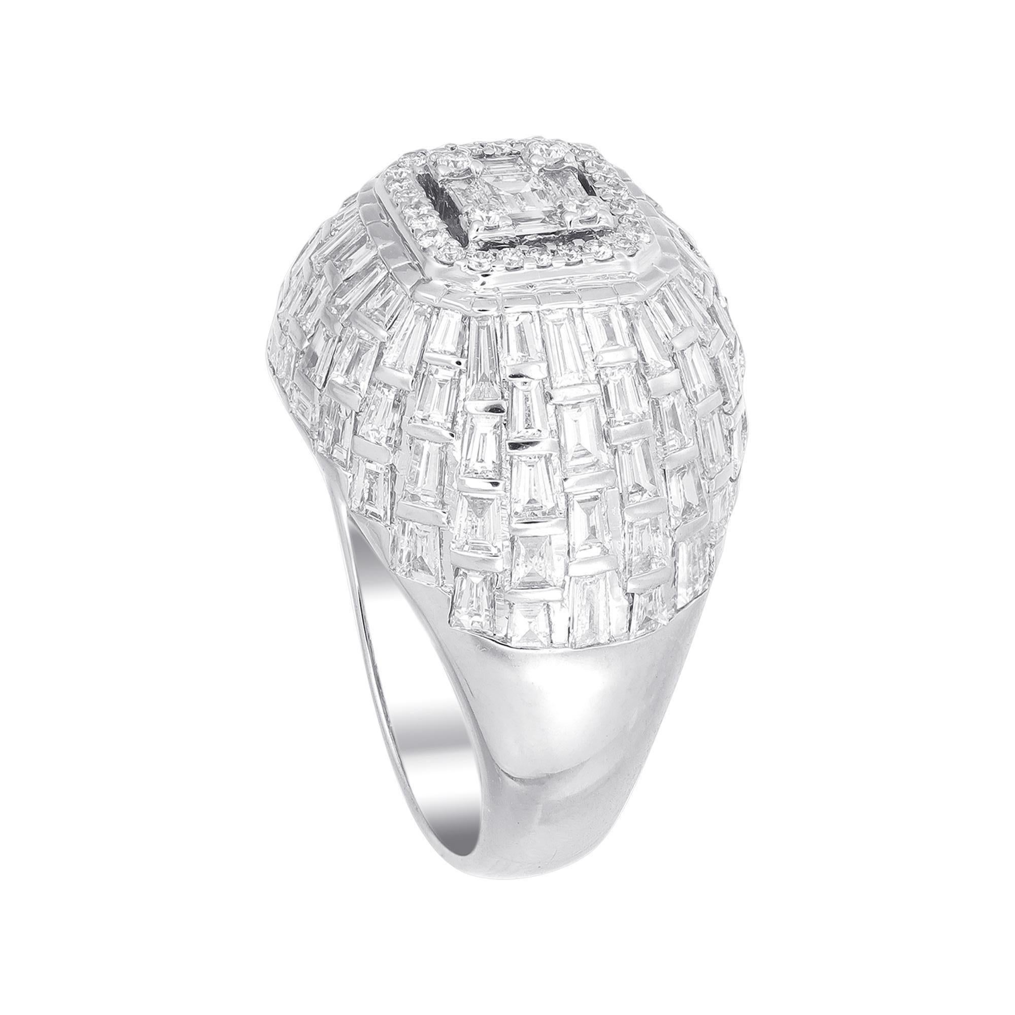 Baguette Cut 18 Karat White Gold Dome Emerald Illusion Diamond Cocktail Ring For Sale