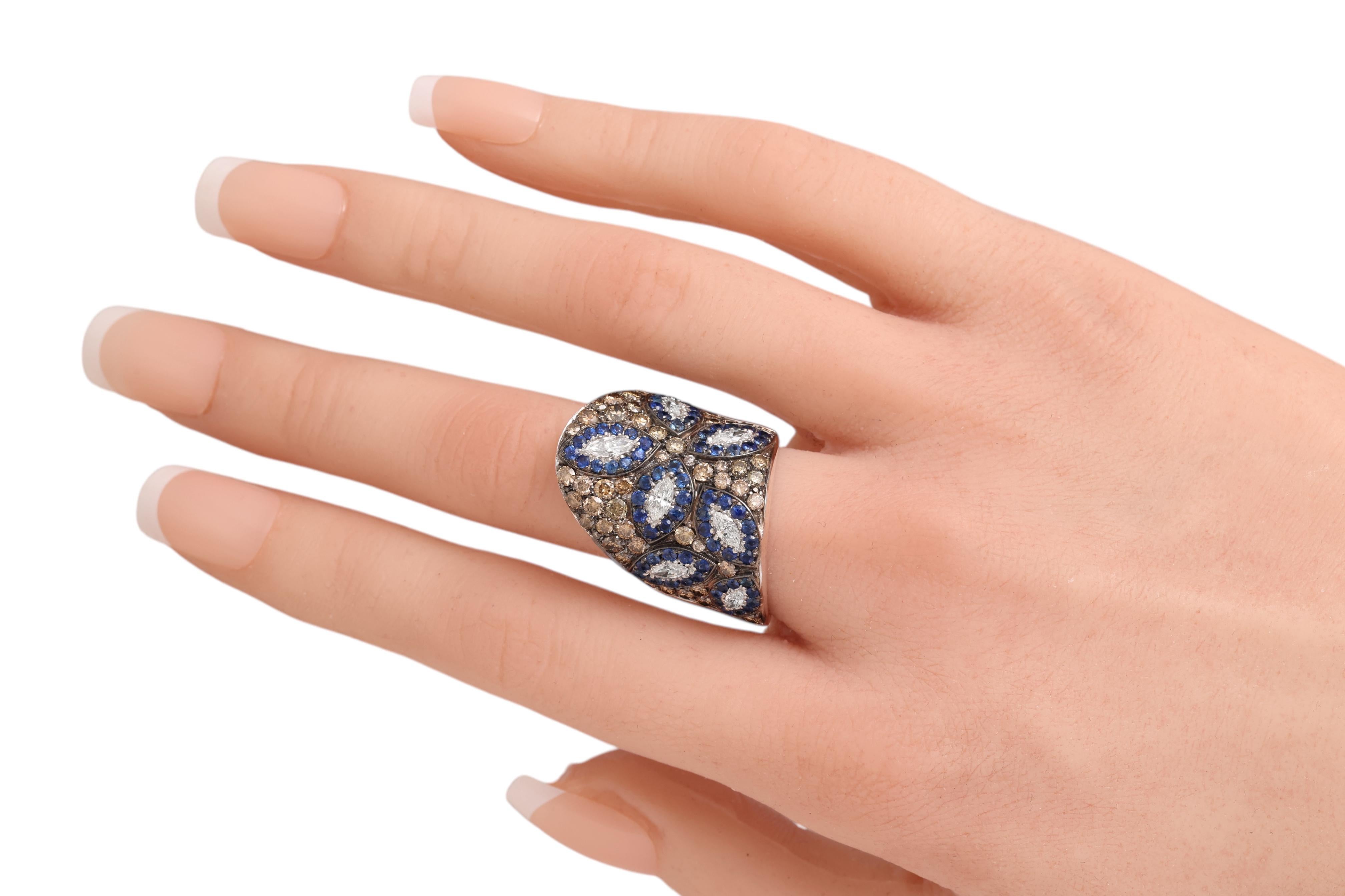 18 Karat Weißgold Kuppelring mit Saphir und 3,85 Karat weißen, braunen Diamanten im Angebot 7