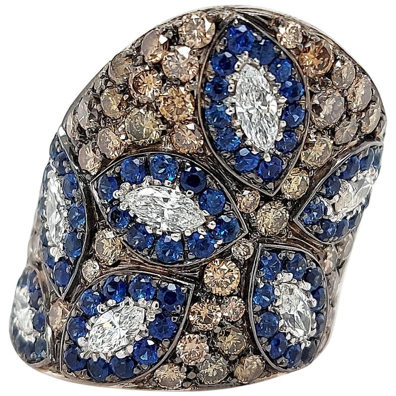 18 Karat White Gold Dome Ring with Sapphire and 3.85 Carat White, Brown Diamonds For Sale