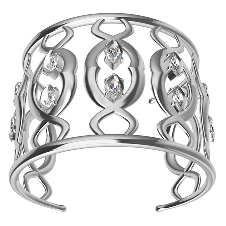 Bracelet manchette double arabesque en or blanc 18 carats avec diamants certifiés GIA en vente