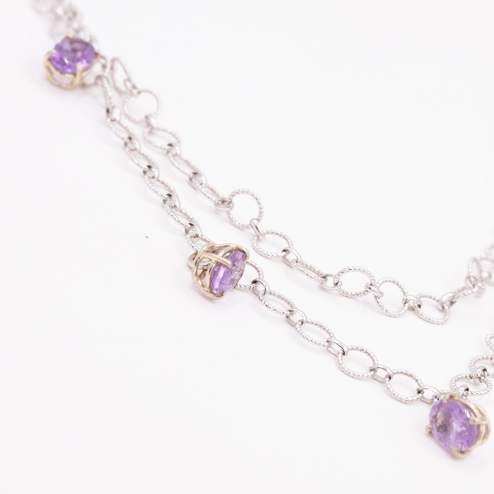 Modern 18 Karat White Gold Double Chain Amethyst Drop Necklace For Sale