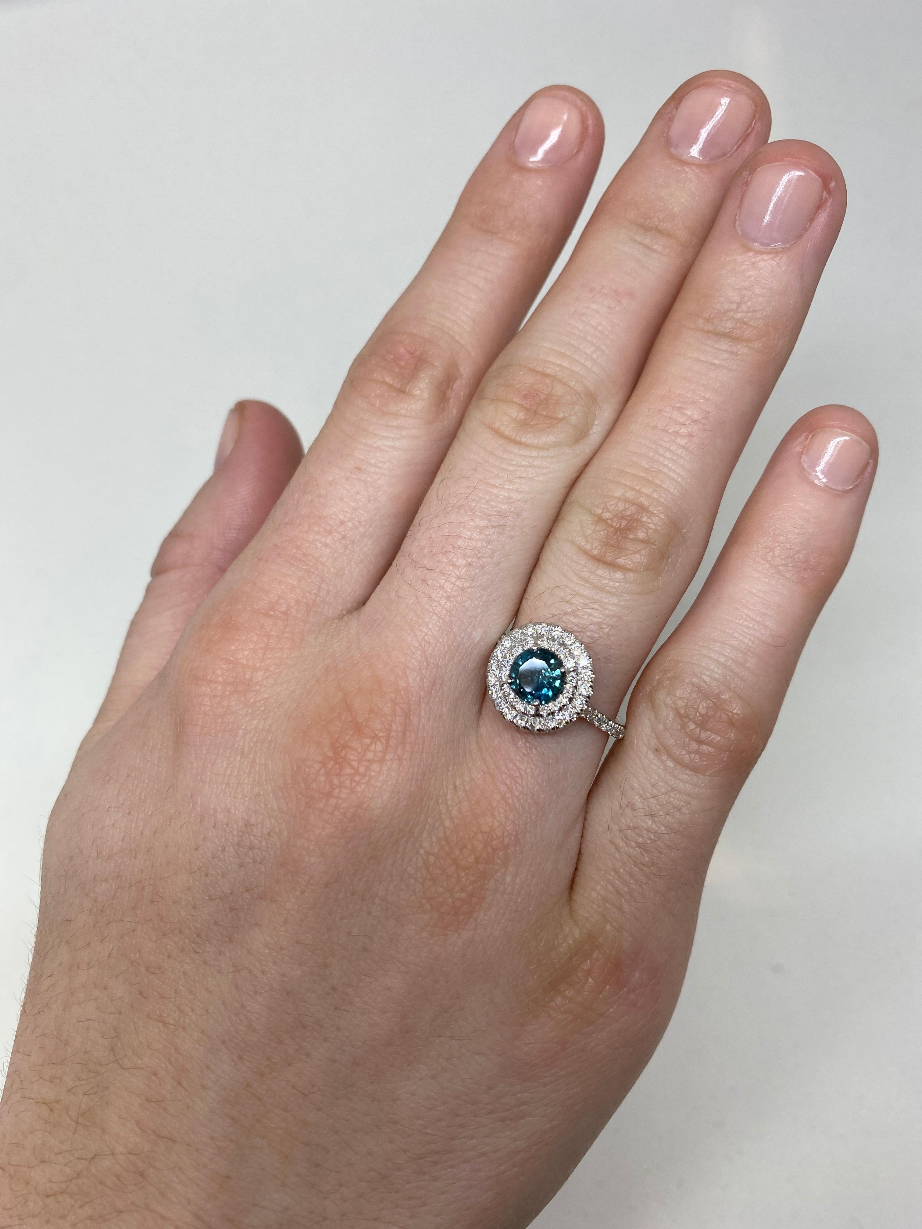 Contemporary 18 Karat White Gold Double Diamond Halo Montana Sapphire Ring For Sale