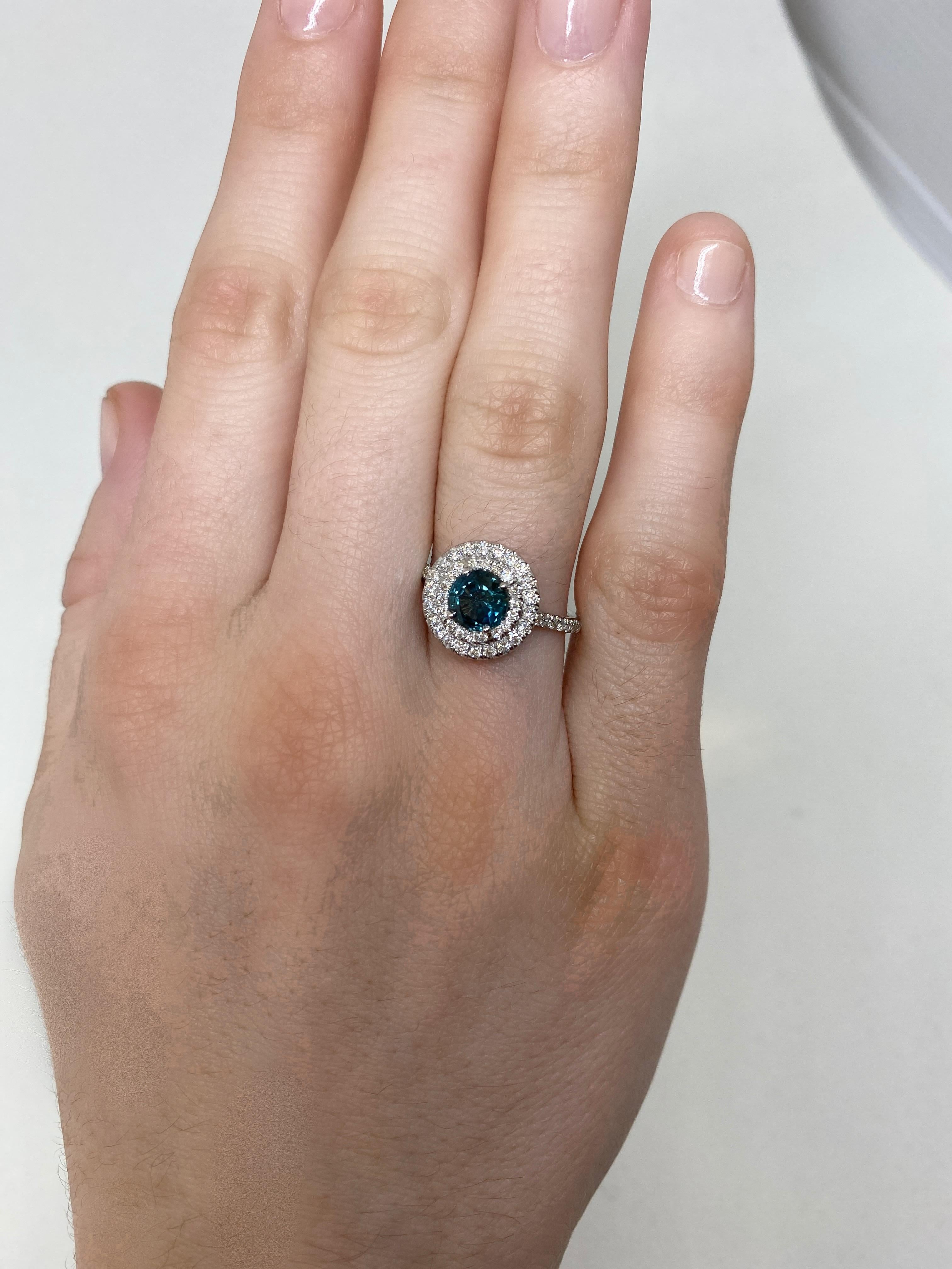 Women's 18 Karat White Gold Double Diamond Halo Montana Sapphire Ring For Sale