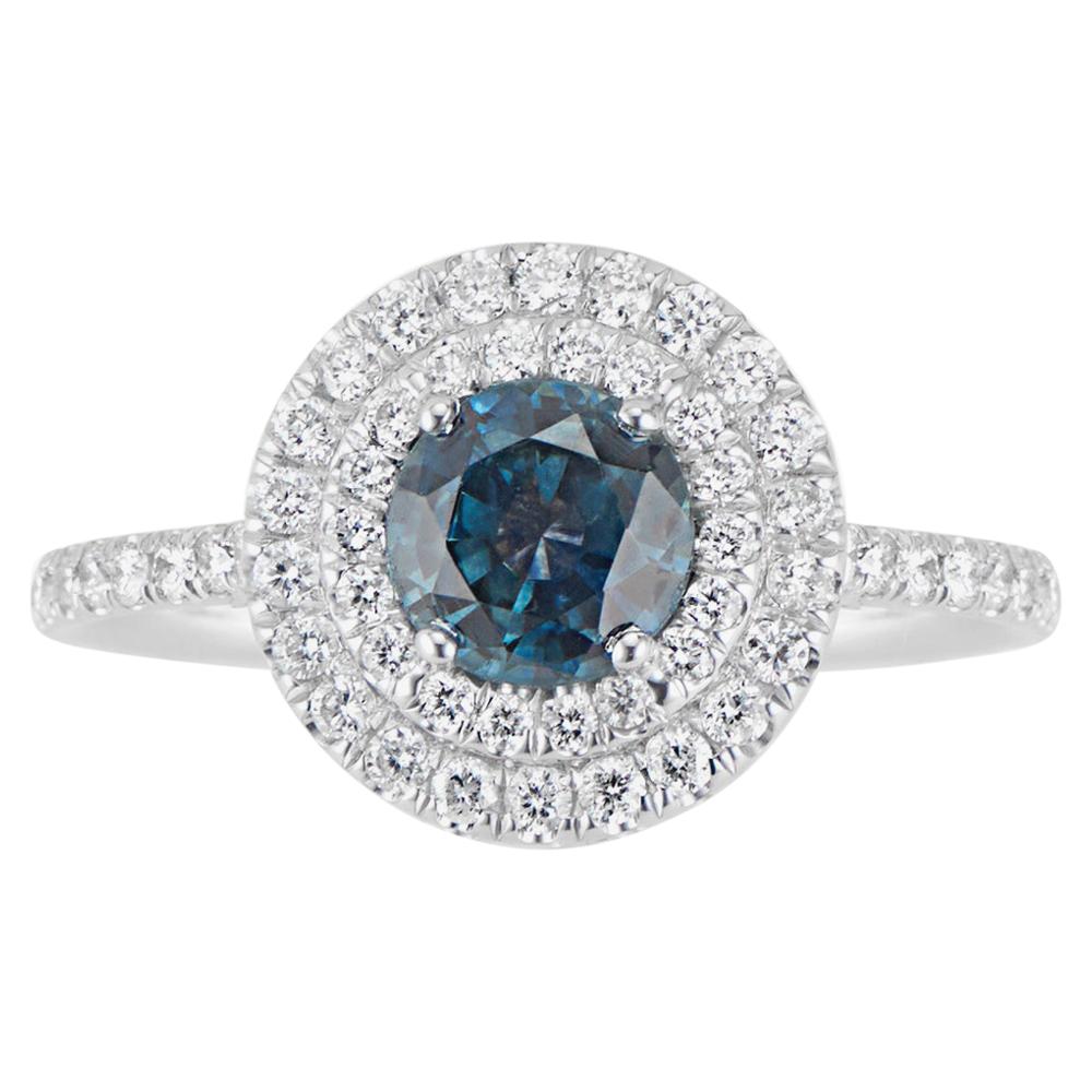 18 Karat White Gold Double Diamond Halo Montana Sapphire Ring For Sale