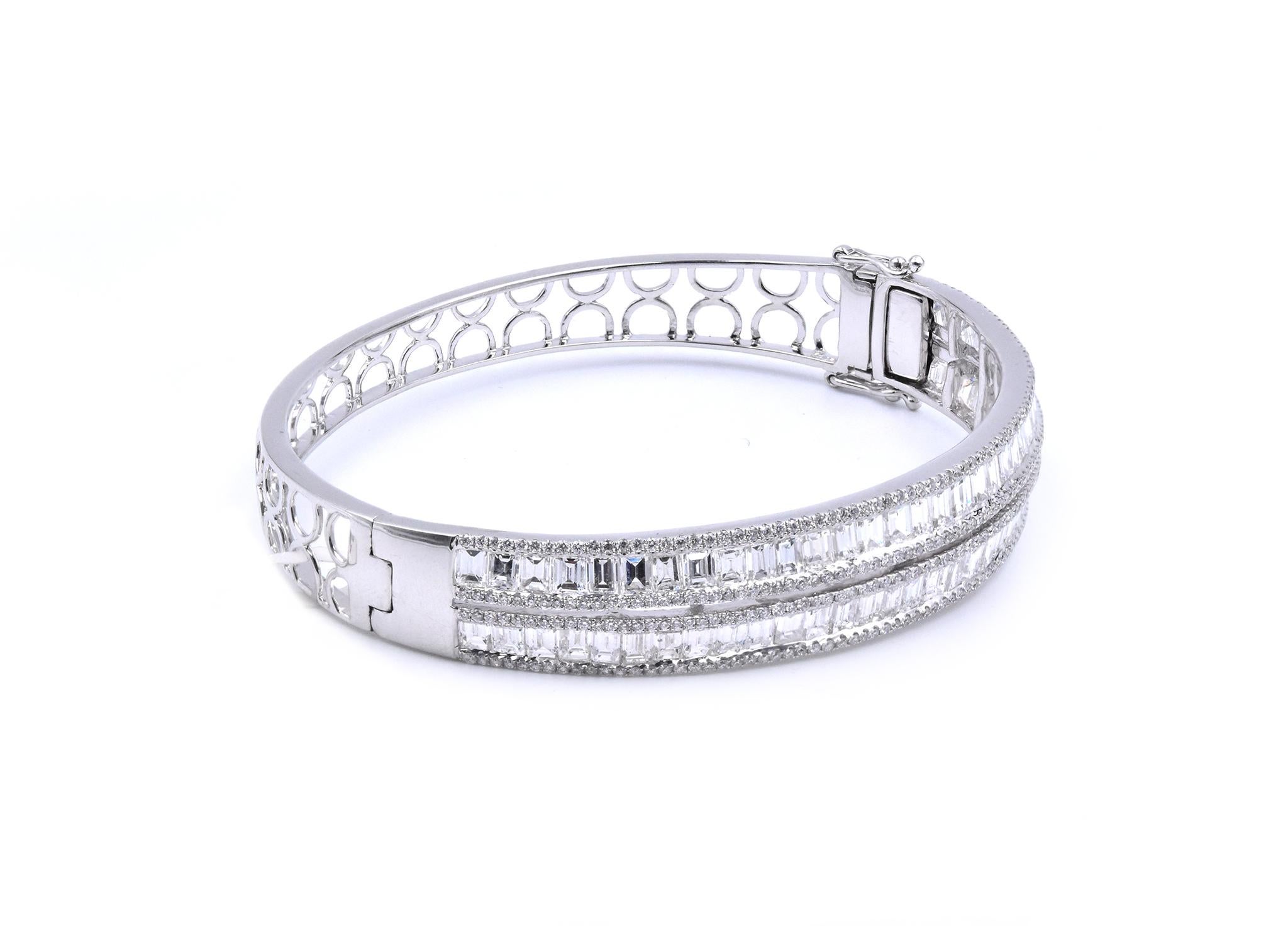 Material: 18K white gold
Diamonds: 398 round and baguette cut = 7.86cttw
Color: G
Clarity: SI1
Dimensions: bracelet will fit up to a 6.5-inch wrist
Weight: 19.07 grams
