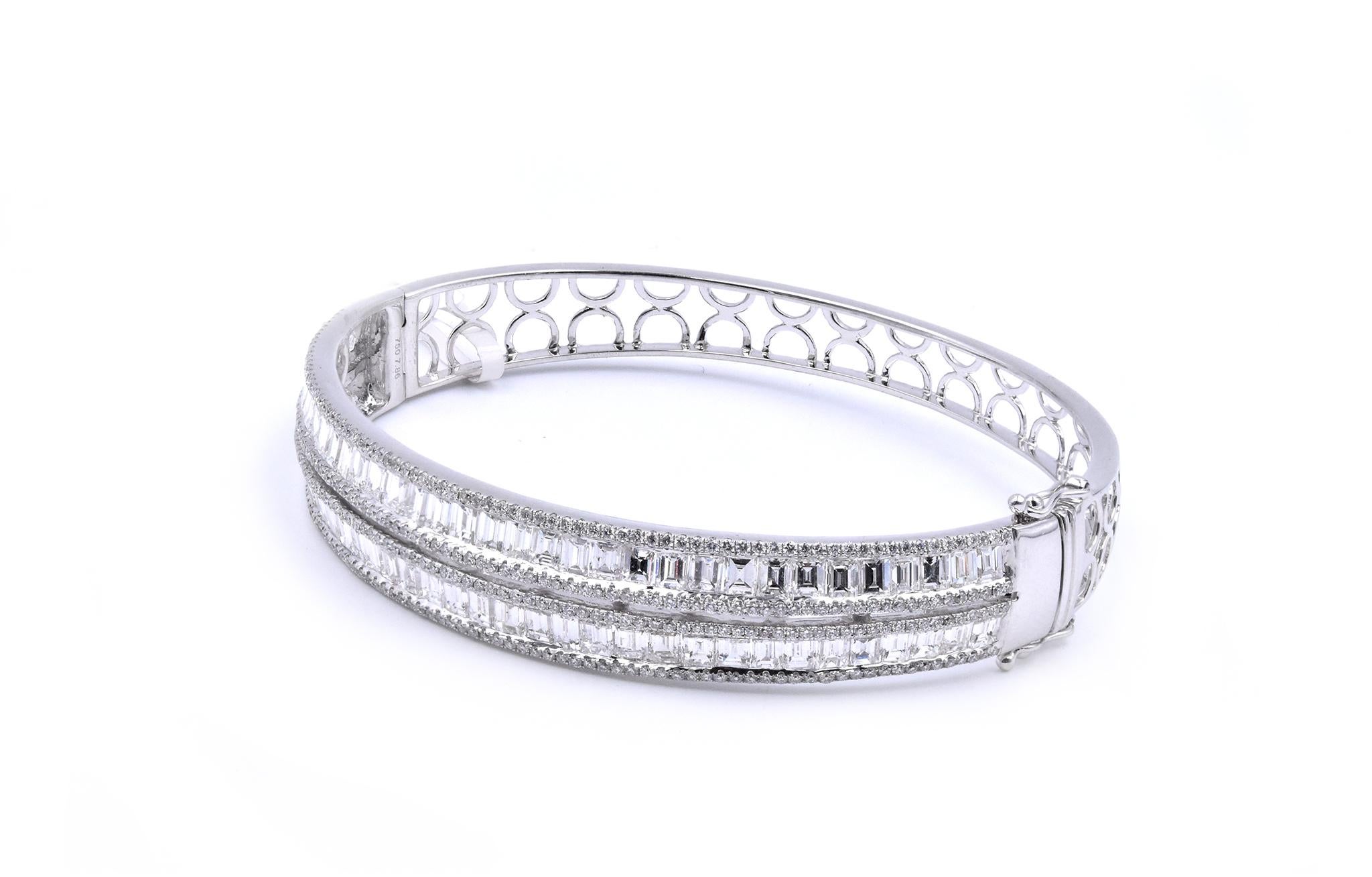 Mixed Cut 18 Karat White Gold Double Row Mosaic Set Diamond Bangle Bracelet