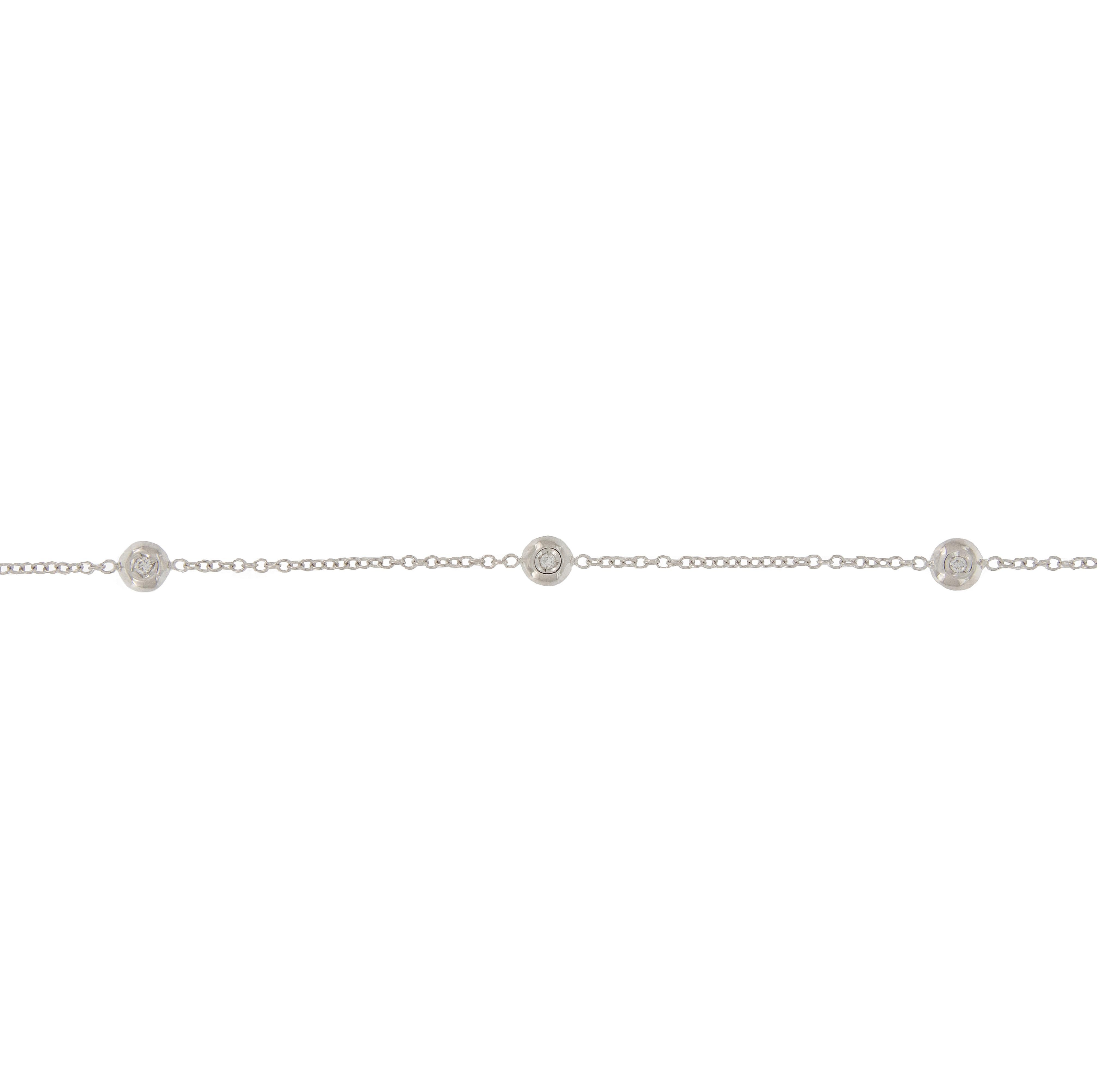 Classic and perfect for everyday! Diamonds by the yard necklace features 10 diamonds bezel set in 18k white gold and a 18k white gold chain. Measures 18 inches long. Weighs 7.1  grams.

Diamond 0.44 ct