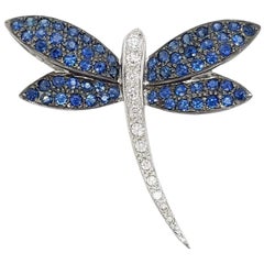 Vintage 18 Karat White Gold Dragonfly Brooch Pin with Sapphires and Diamonds