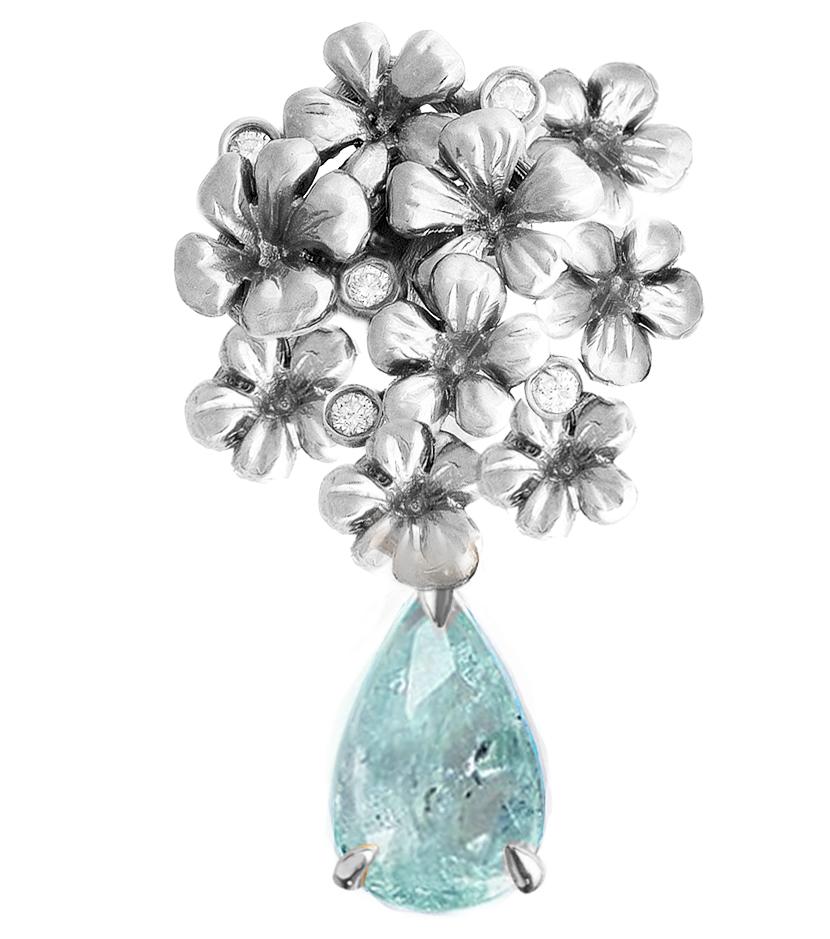 These contemporary Plum Flowers cocktail earrings are made of 18 karat white gold and are encrusted with 10 round diamonds. They also come with detachable neon blue paraiba tourmalines in pear cut, 5 carats in total, each measuring 11x7.5 mm. This