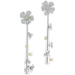 18 Karat White Gold Drop Earrings with Diamond and Opal Beads