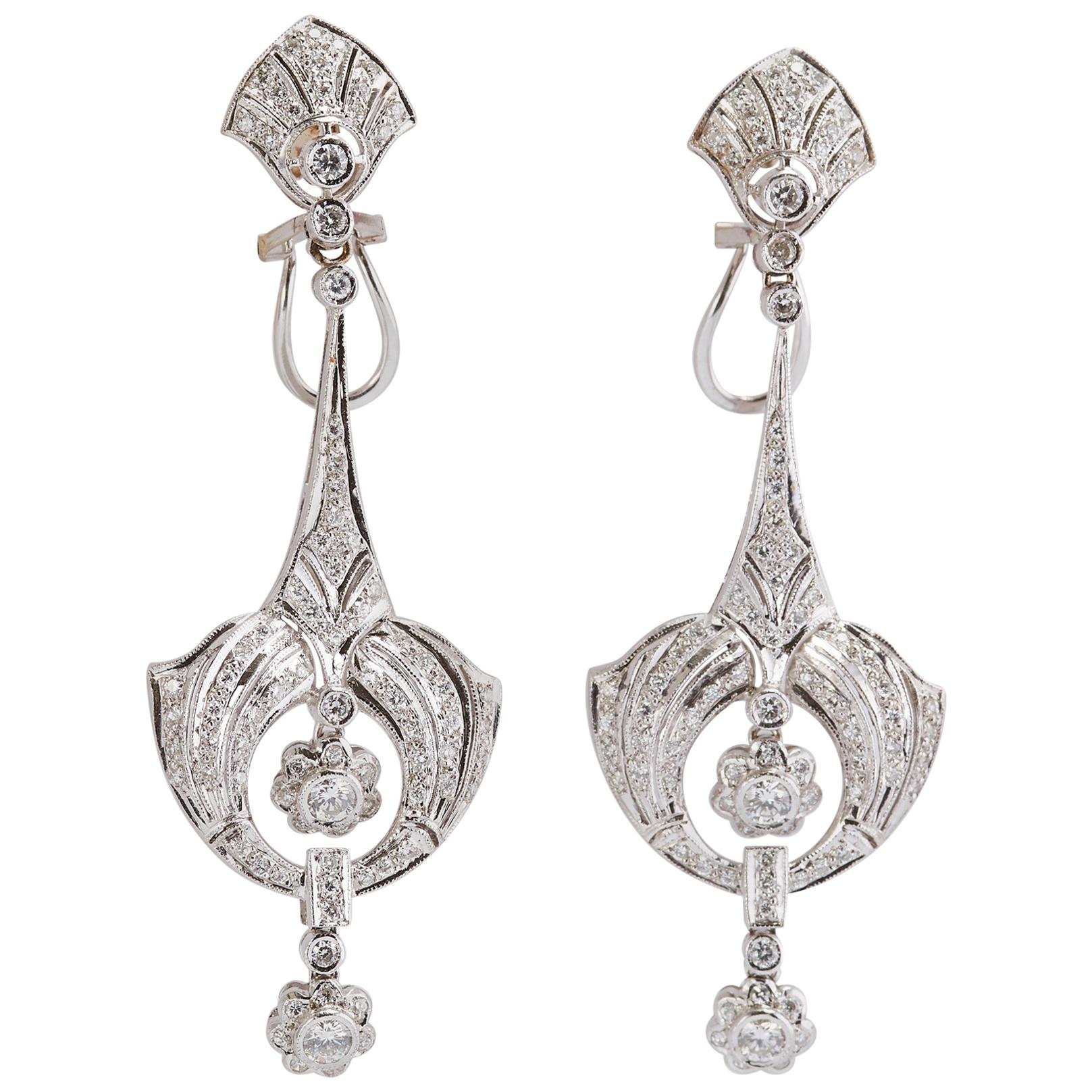 18 Karat White Gold Drop Earrings with Diamonds For Sale