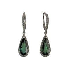 18 Karat White Gold Drop Earrings with Green Tourmalines and Diamonds