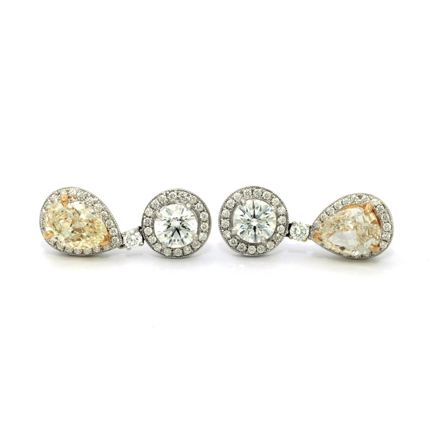 Pear Cut 18 Karat White Gold Drop Earrings with Yellow Pears Shape Diamonds For Sale
