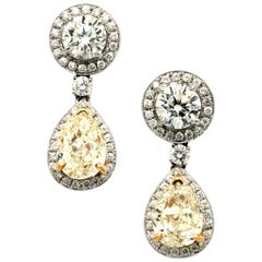 18 Karat White Gold Drop Earrings with Yellow Pears Shape Diamonds