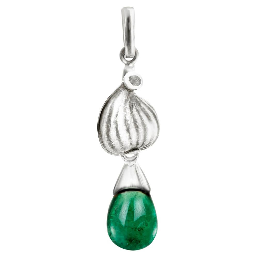 White Gold Drop Mediterranean Fig Pendant Necklace with Emerald and Diamond