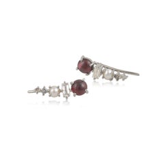 18 Karat White Gold Ear Climbers with Diamonds, Garnets, Pearls