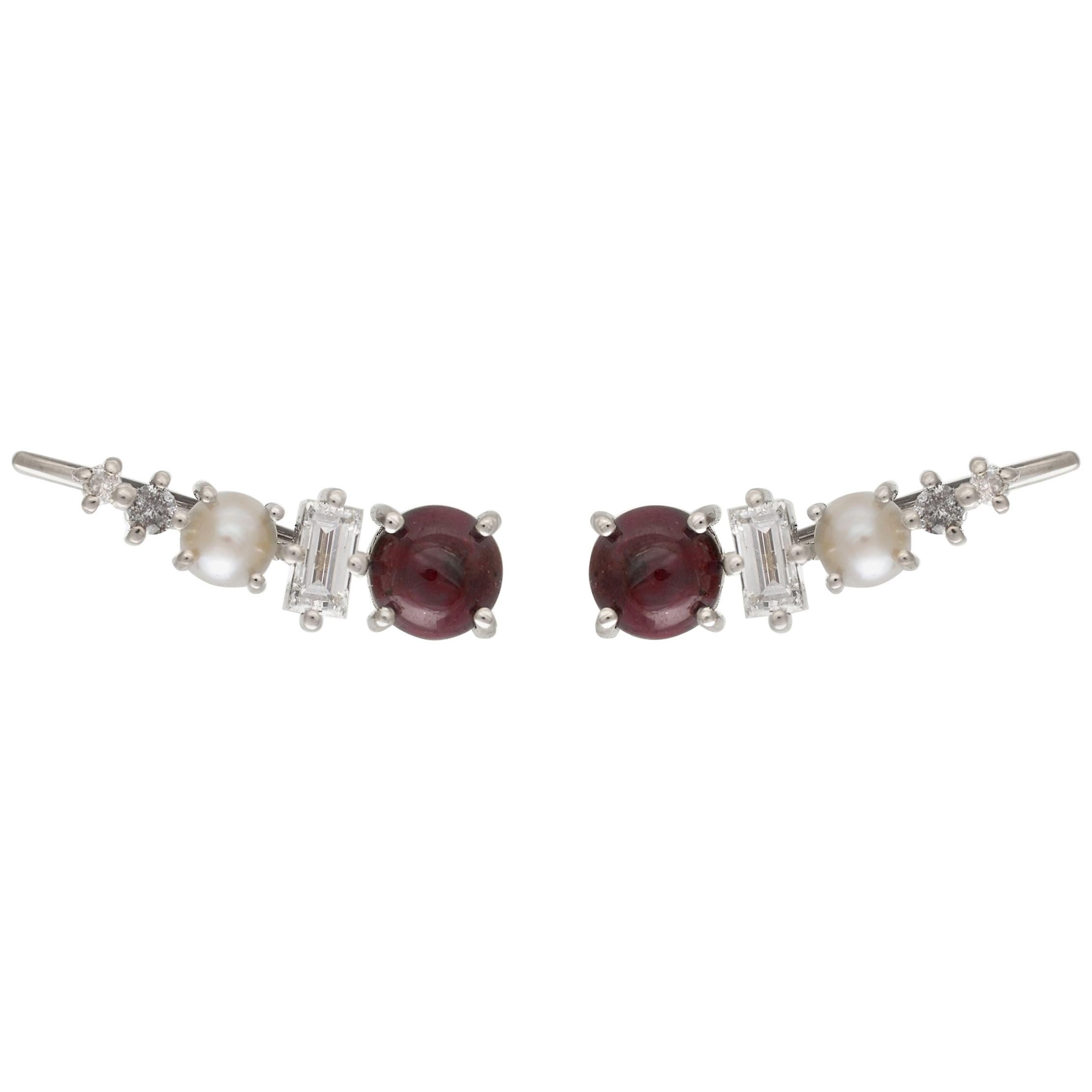 18 Karat White Gold Ear Climbers with Diamonds, Garnets, Pearls