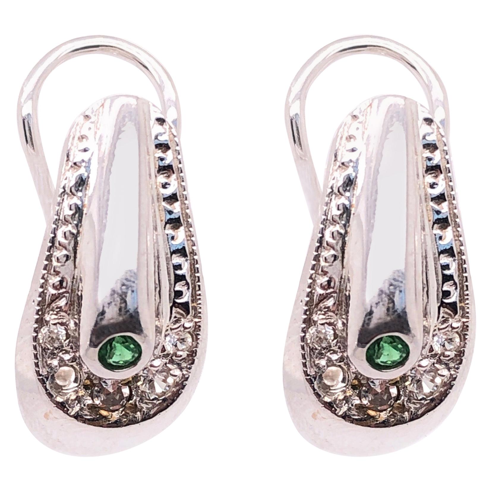 18 Karat White Gold Earrings Emerald Center with Diamond Accents French Back