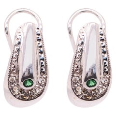 18 Karat White Gold Earrings Emerald Center with Diamond Accents French Back