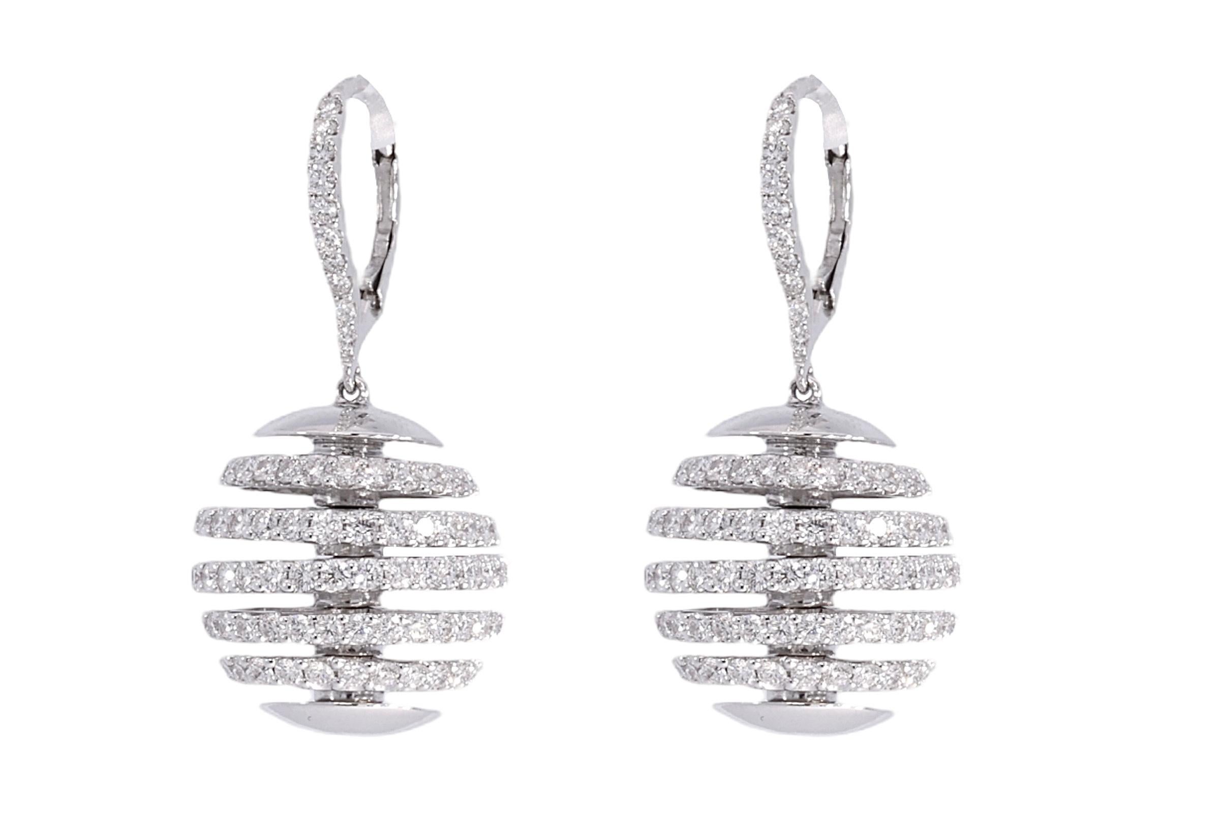 Artisan 18 Karat White Gold Earrings with 5.4 Carat Brilliant Cut Diamonds For Sale