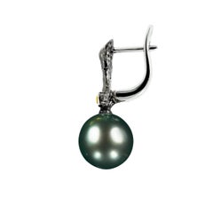 18 Karat White Gold Earrings with Dark Tahitian Pearl and Yellow Sapphires