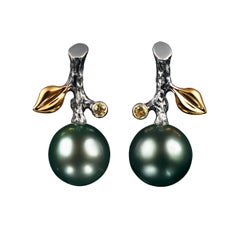 18 Karat White Gold Earrings with Dark Tahitian Pearl and Yellow Sapphires