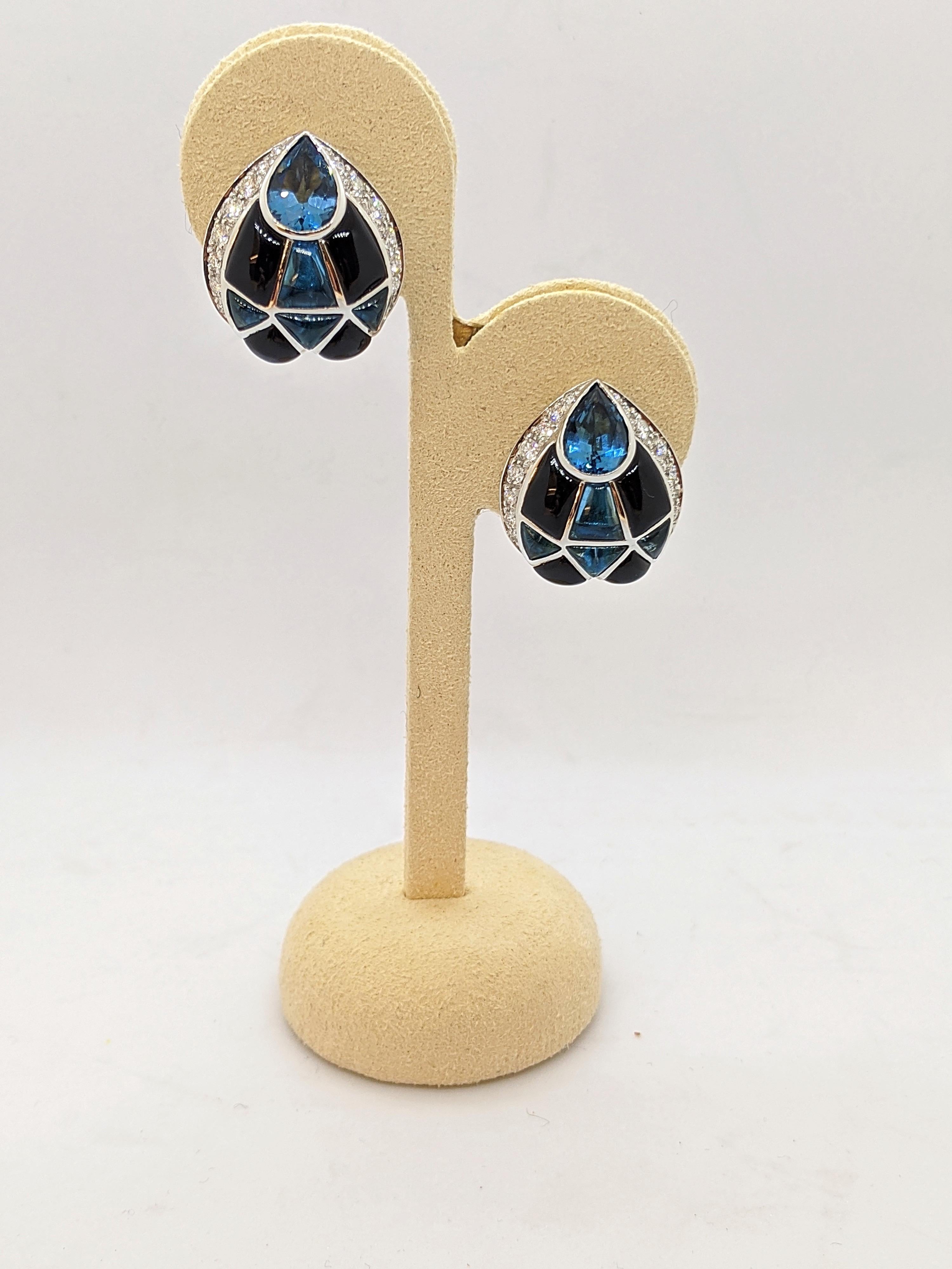 18 Karat White Gold Earrings with Diamonds, Blue Topaz & Onyx In New Condition In New York, NY