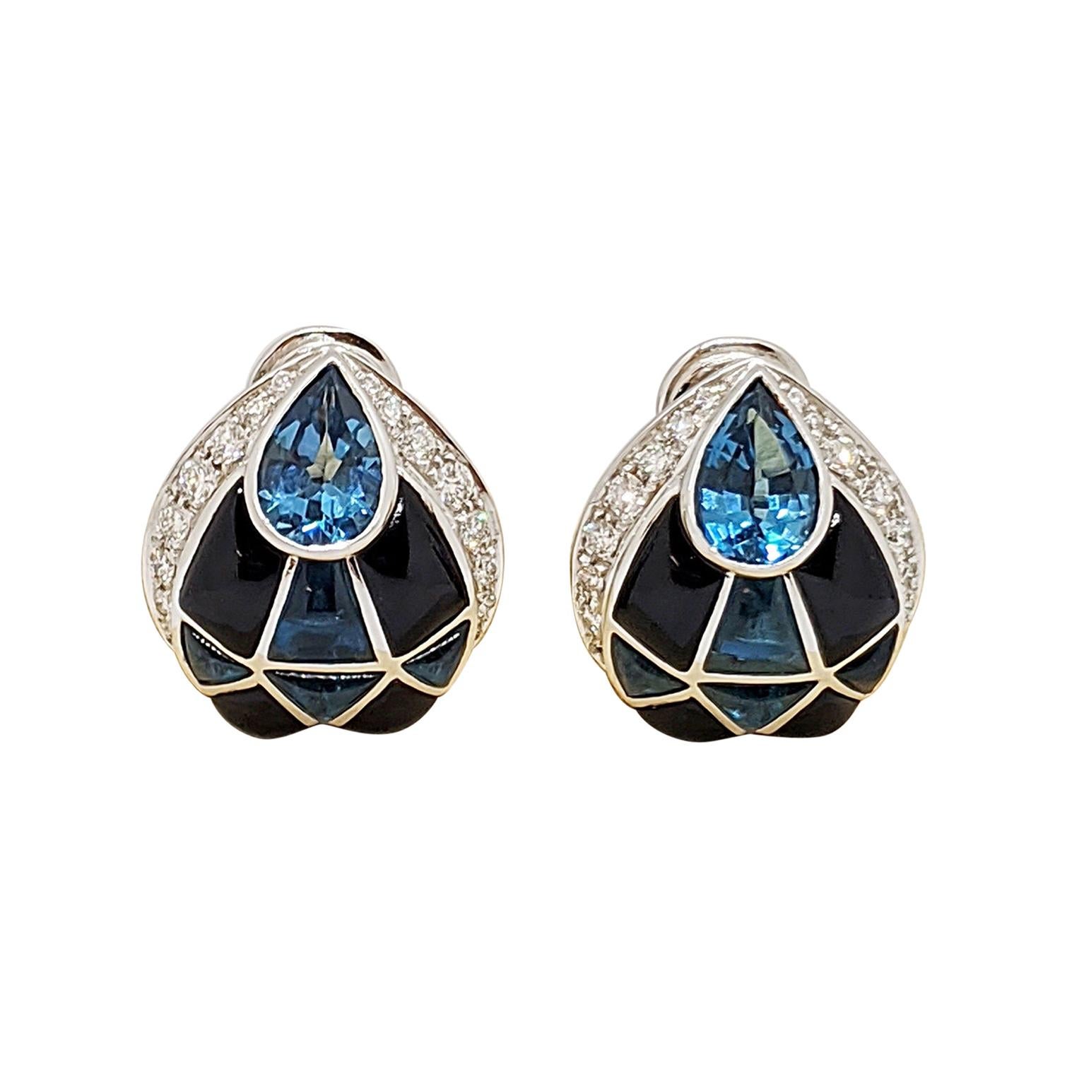 18 Karat White Gold Earrings with Diamonds, Blue Topaz & Onyx