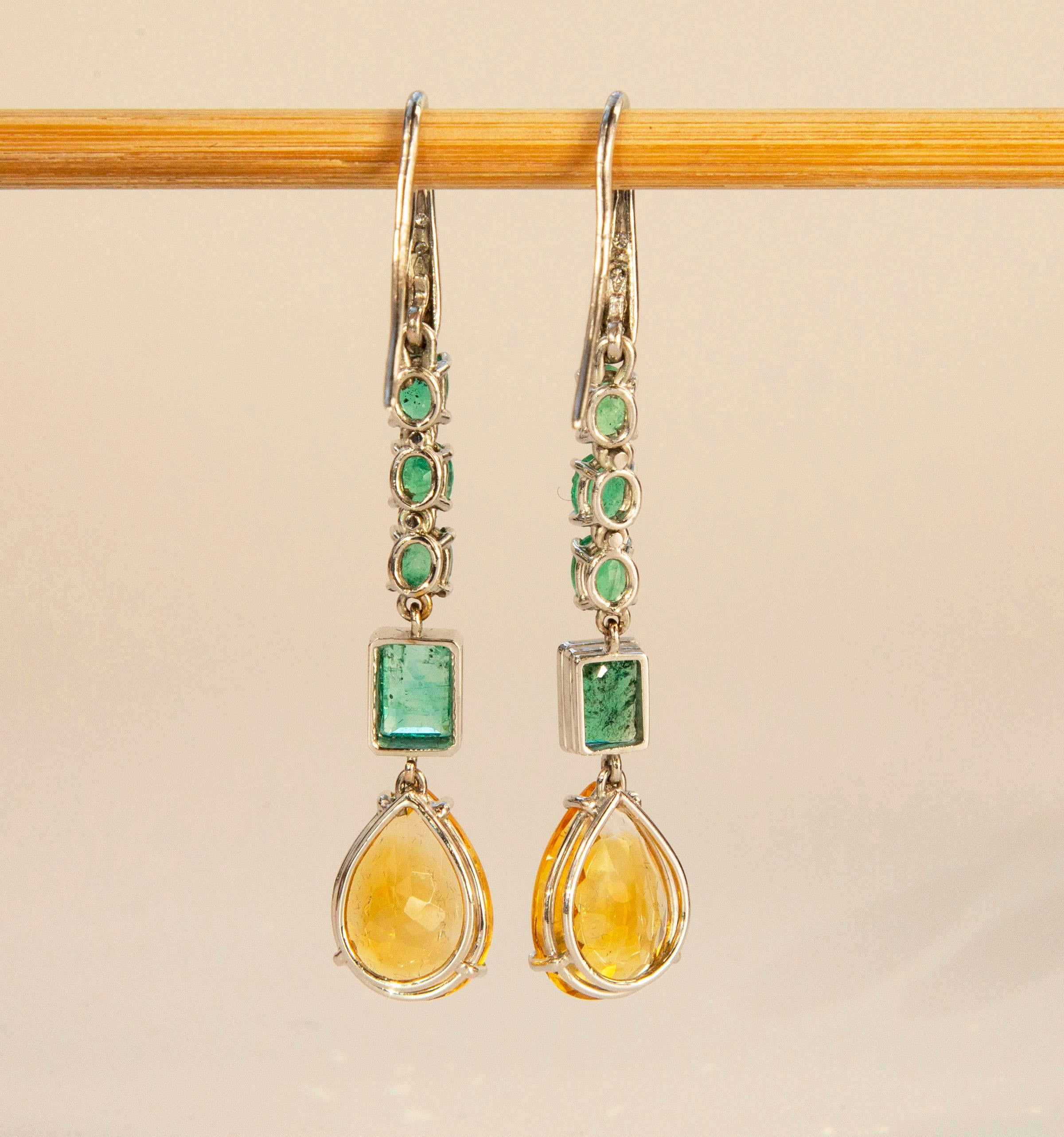 Women's or Men's 18 Karat White Gold Earrings with  Emerald, Diamond and Citrine  For Sale