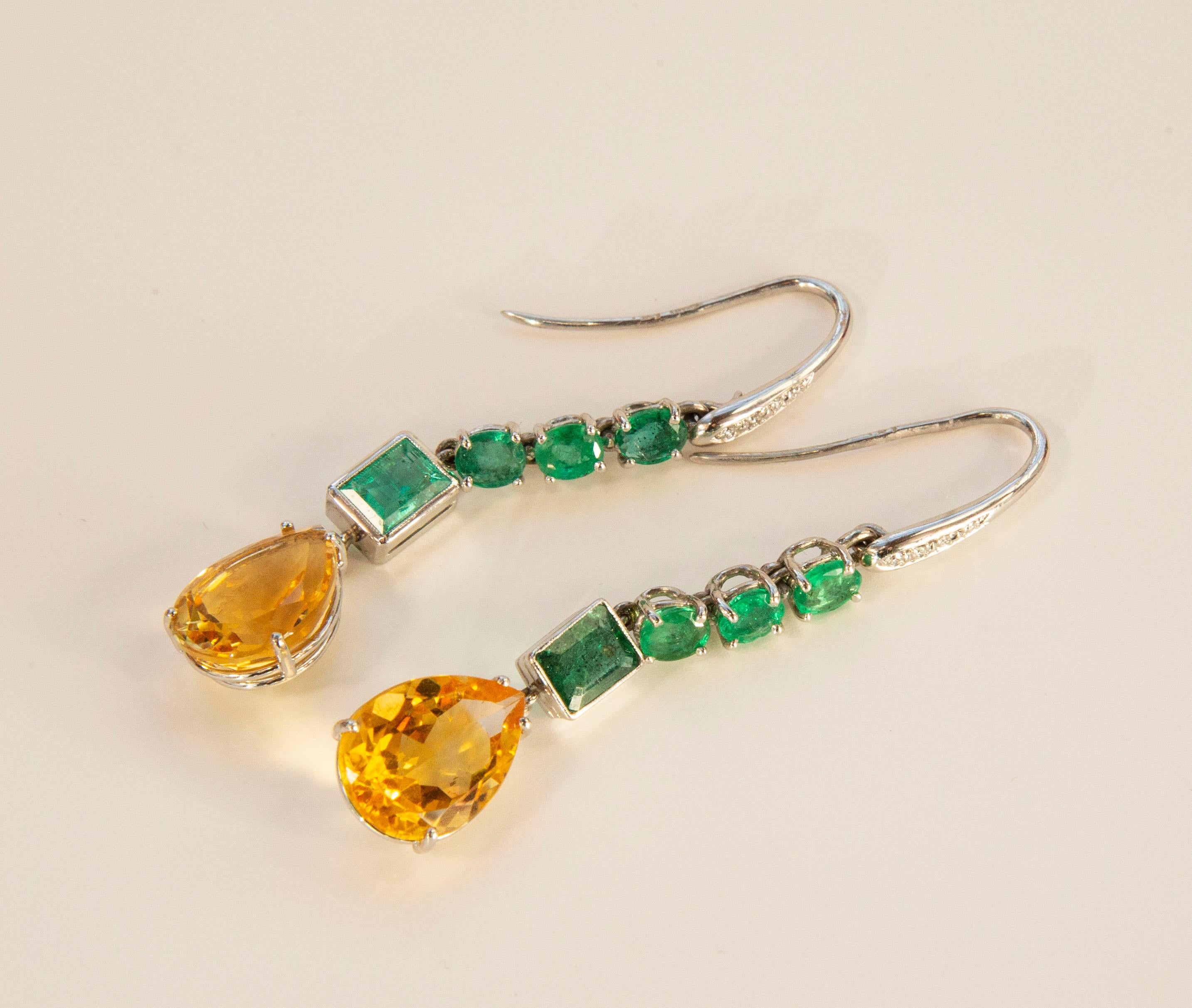 18 Karat White Gold Earrings with  Emerald, Diamond and Citrine  For Sale 1