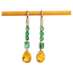 Retro 18 Karat White Gold Earrings with  Emerald, Diamond and Citrine 