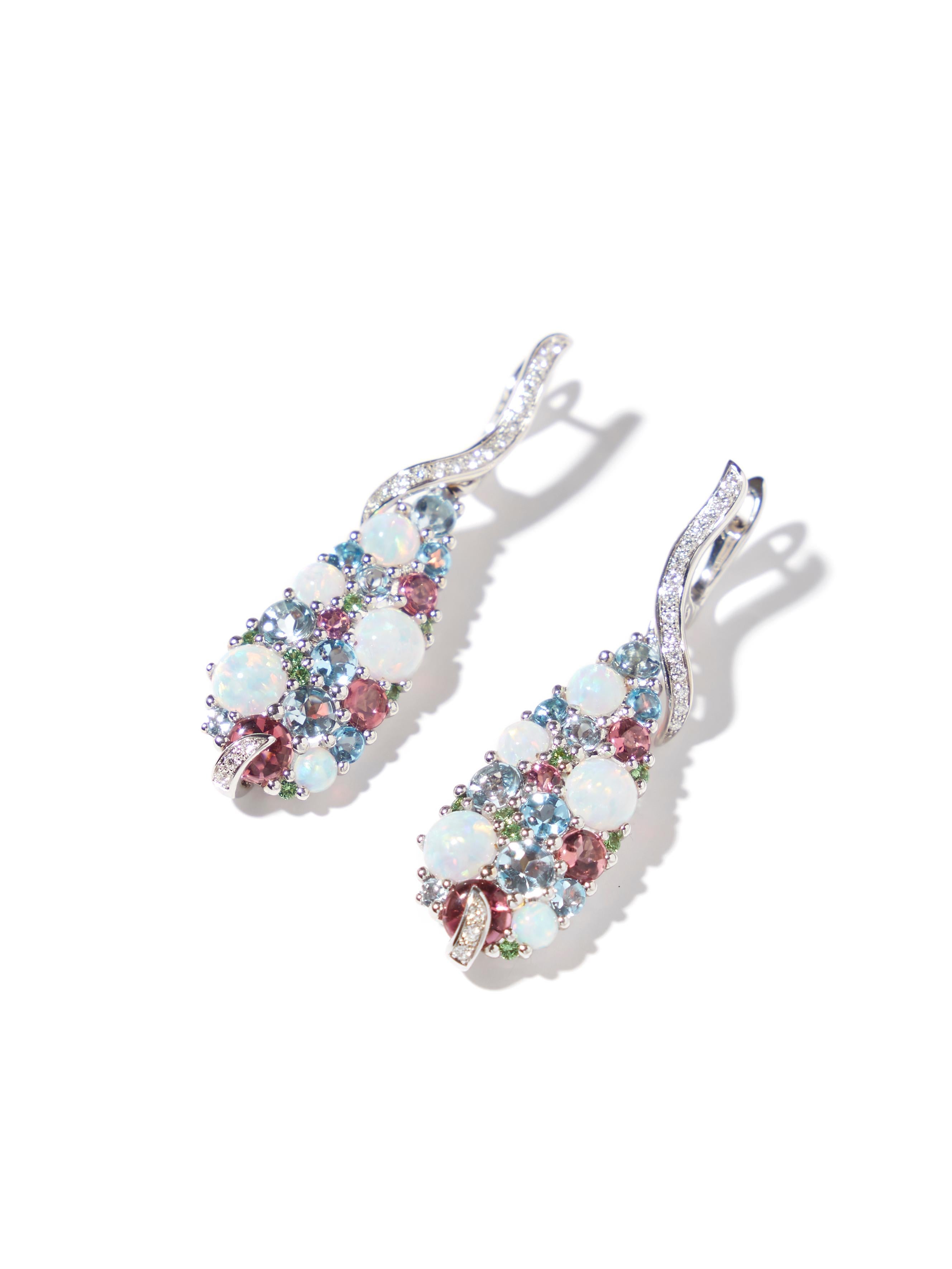Modern 18 karat white gold earrings with opal, tourmaline and diamonds For Sale
