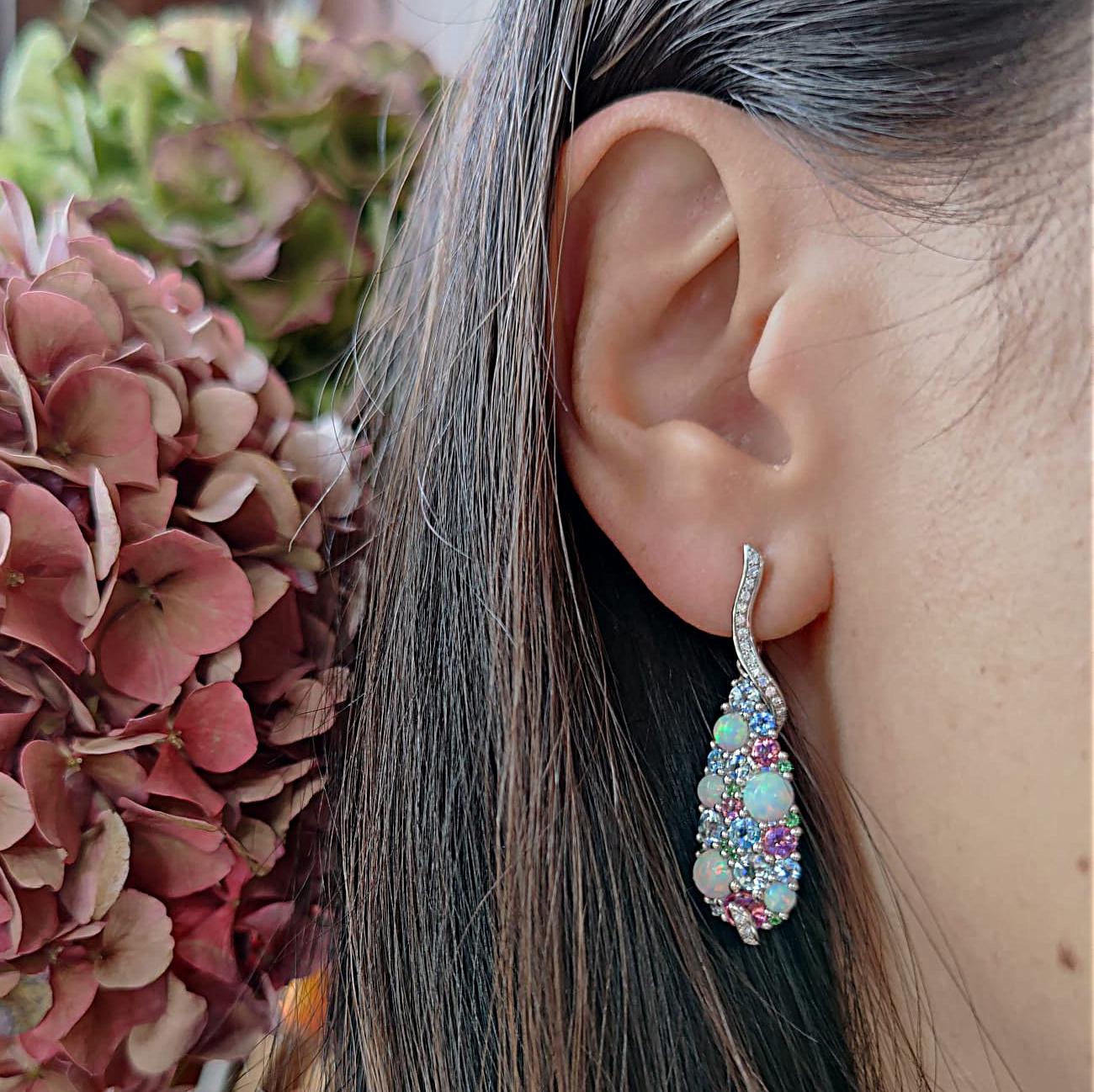 Brilliant Cut 18 karat white gold earrings with opal, tourmaline and diamonds For Sale