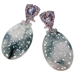 18 Karat White Gold Earrings with Sapphires and Blueish Jade