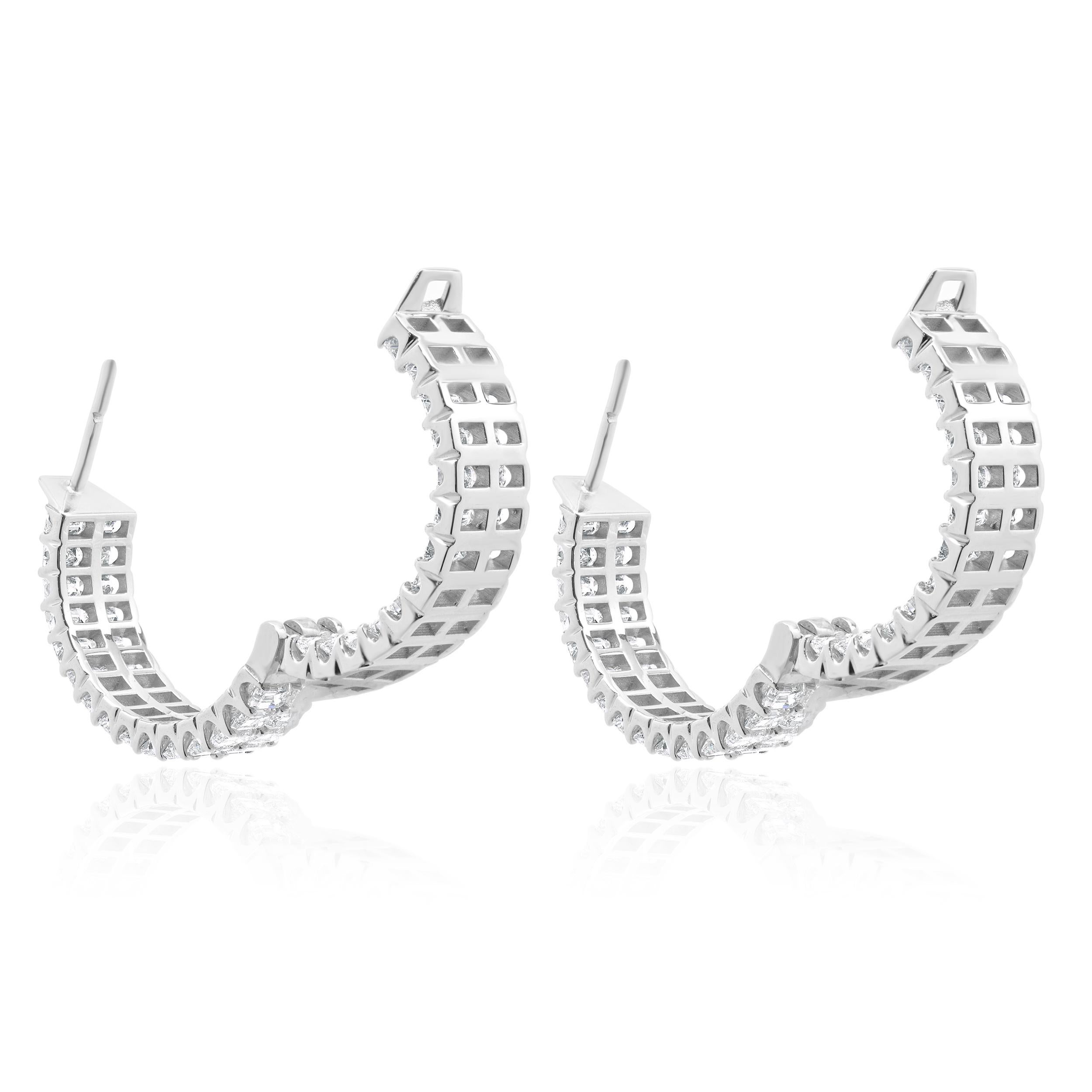 Women's 18 Karat White Gold East – West Emerald Cut Diamond Inside Outside Hoop Earrings For Sale