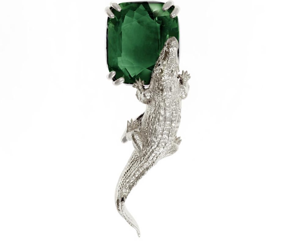 White Gold Egyptian Revival Brooch with Green Seven Carats Tourmaline For Sale 8