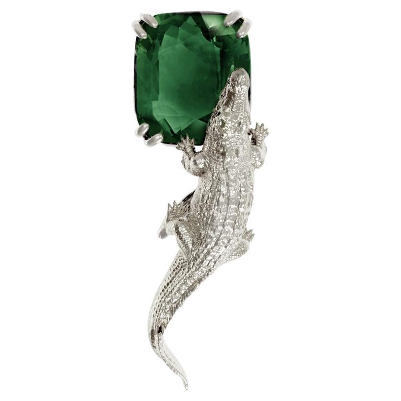 White Gold Egyptian Revival Brooch with Green Seven Carats Tourmaline For Sale