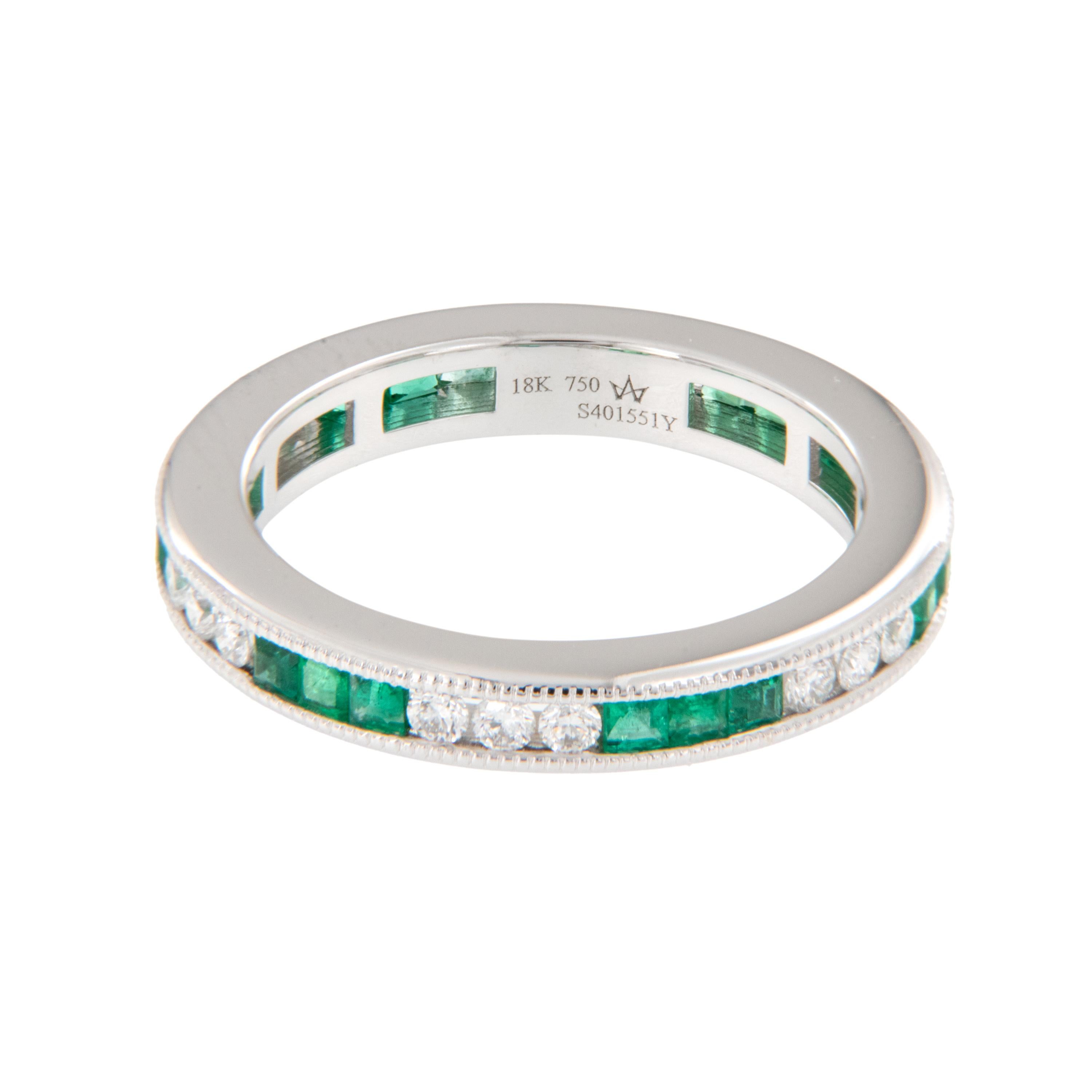 Square Cut 18 Karat White Gold Emerald and Diamond Art Deco Style Eternity Band For Sale