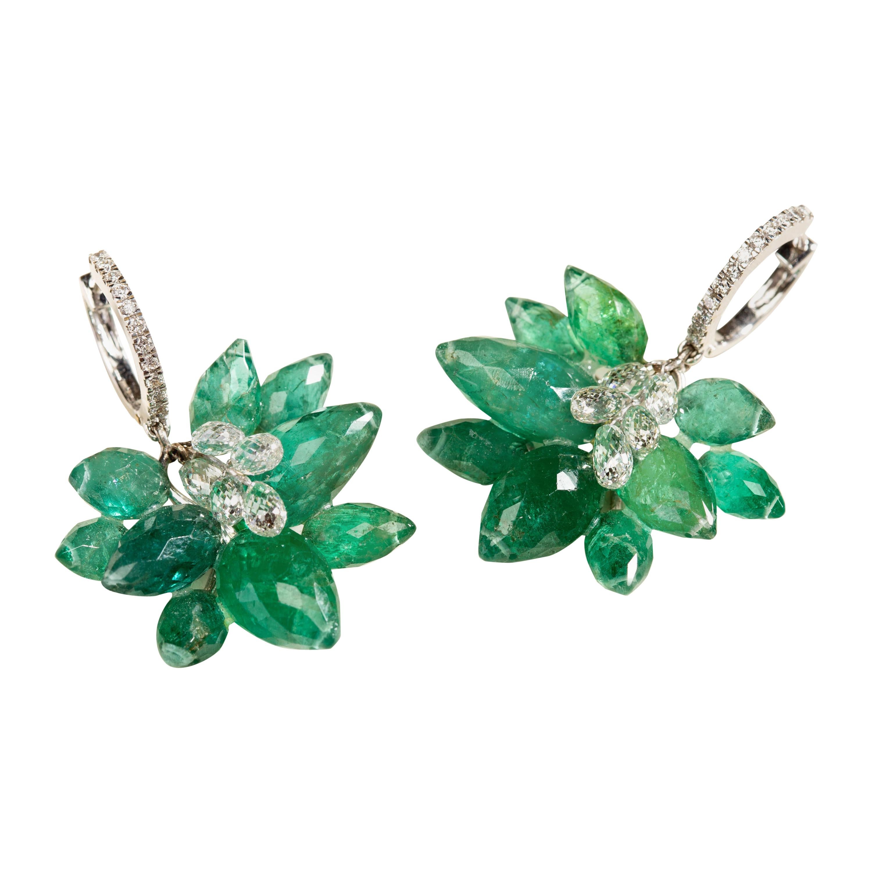 18 Karat White Gold Emerald and Diamond Briolette Grape Earrings For Sale