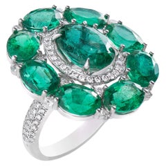 18 Karat White Gold Emerald and Diamond Cluster Ring