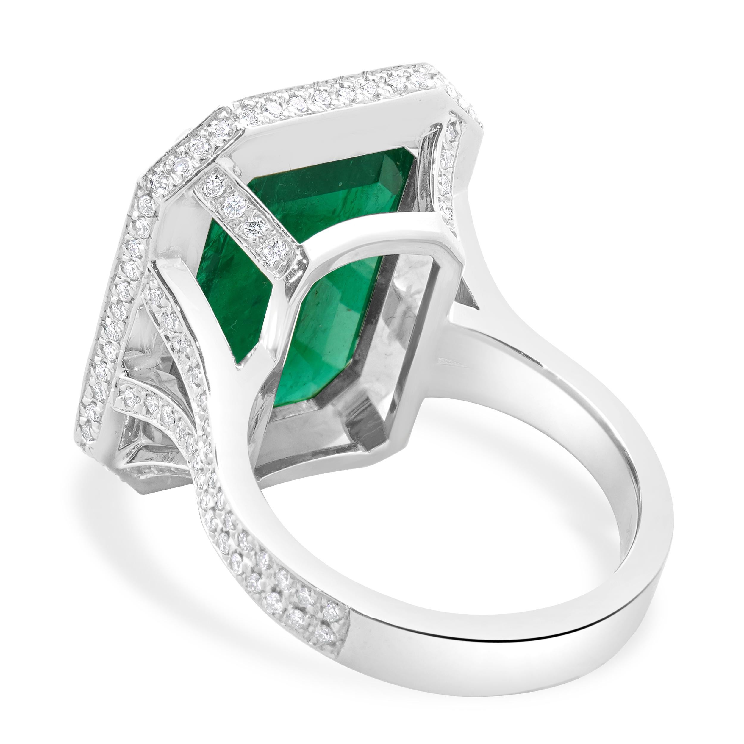 Emerald Cut 18 Karat White Gold Emerald and Diamond Cocktail Ring For Sale