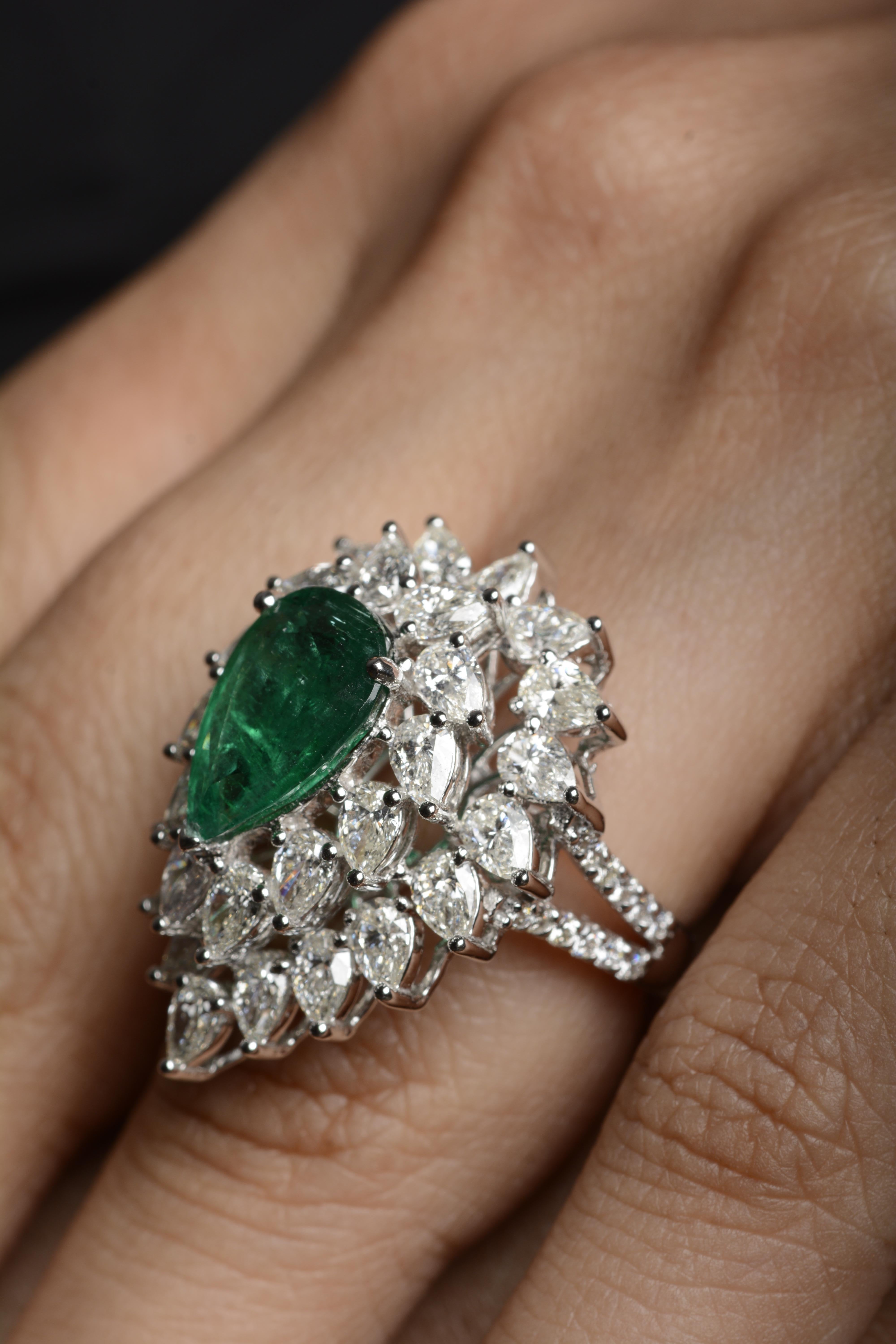 Women's 18 Karat White Gold Emerald and Diamond Cocktail Ring For Sale