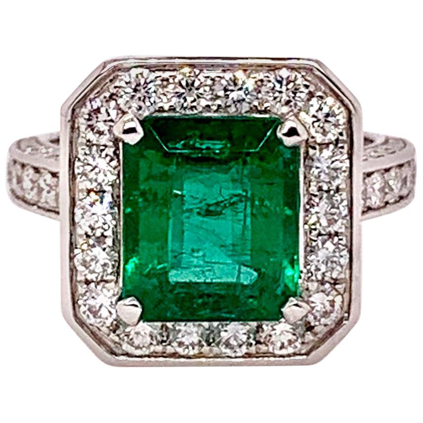 Emerald and White Diamond Ring in 18 Karat White Gold at 1stDibs