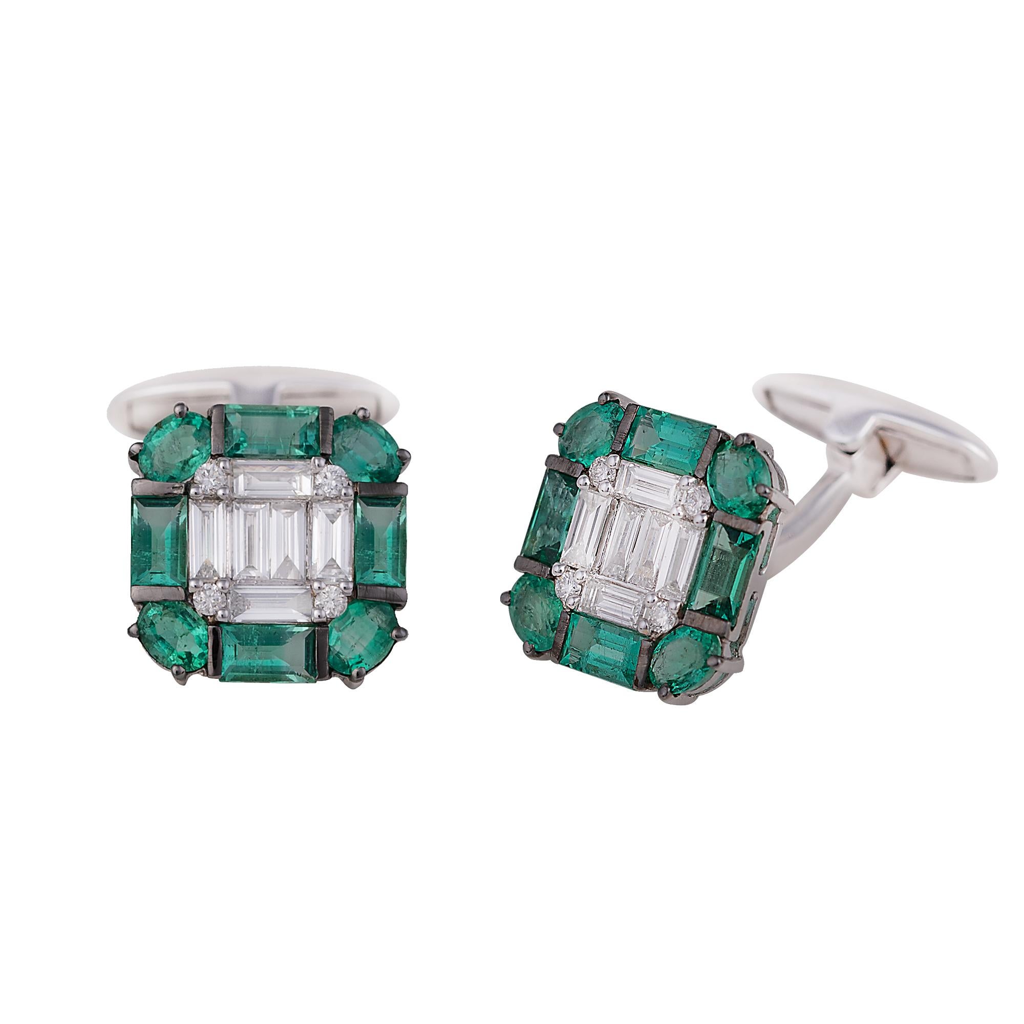 18 Karat White Gold Emerald and Diamond Cufflinks
This spectacular jade green emerald and diamond invisible setting cufflink is extraordinary. The center invisible setting diamond cushion cut is a crafty design wherein 6 smaller baguette cut