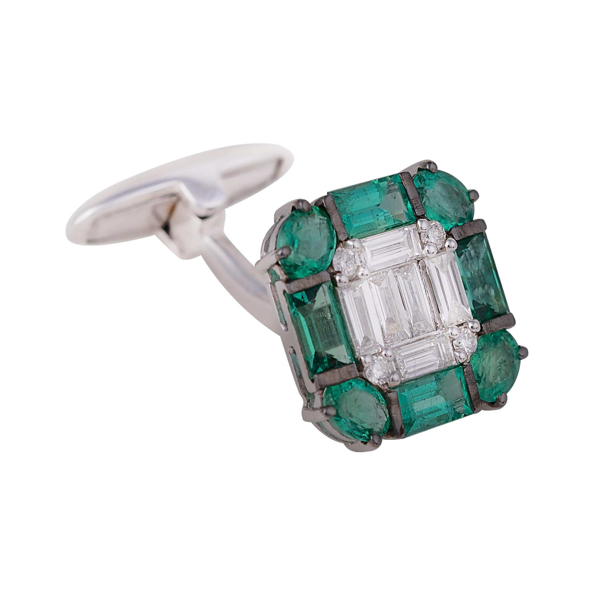 Emerald Cut 18 Karat White Gold Emerald and Diamond Cufflinks