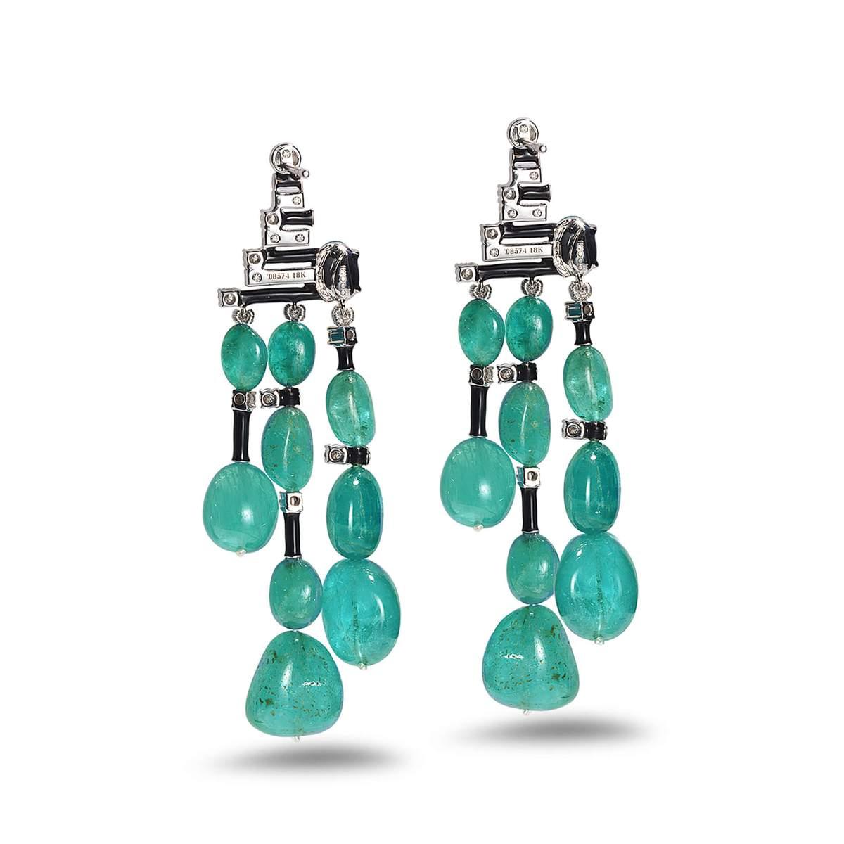 Coomi X Muzo collection Mystic Terrain earrings set in 18K white gold with 64.23cts Muzo Colombian emeralds, 1.08cts diamonds, and black enamel. One-of-a-kind.
