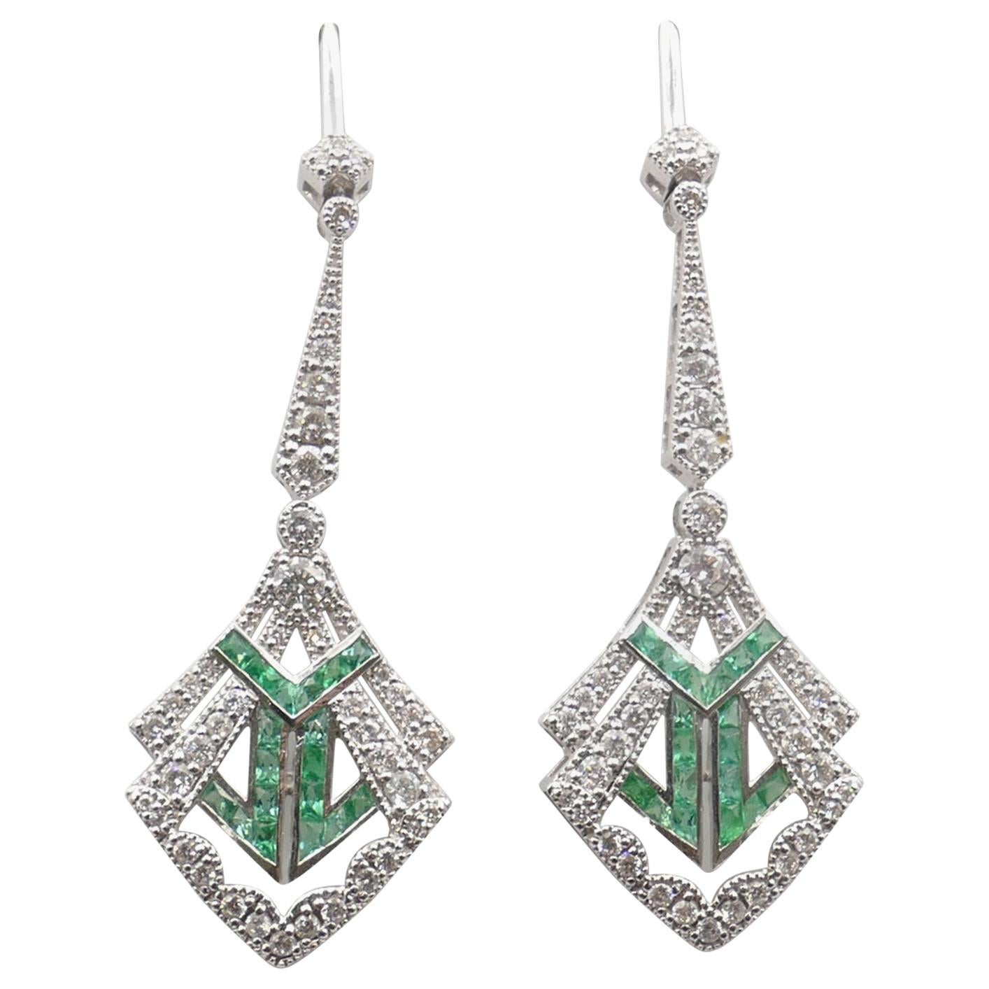 18 Karat White Gold Emerald and Diamond Drop Earrings