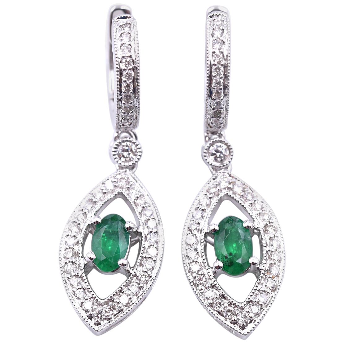 18 Karat White Gold Emerald and Diamond Drop Earrings