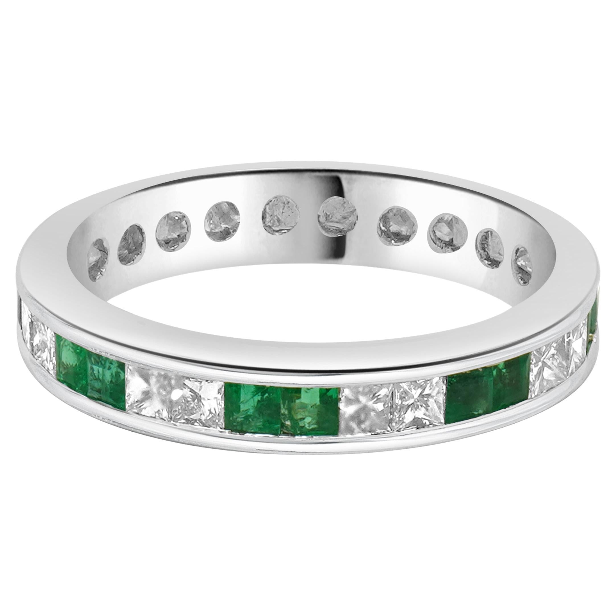 18 Karat White Gold Emerald and Diamond Eternity Band